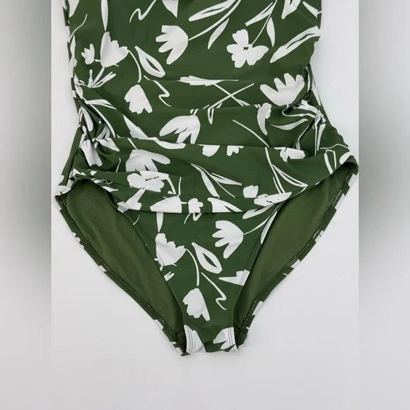 Anne Cole Green Floral Halter One-Piece Swimsuit Ruched Summer Swimwear Size 16 - Picture 8 of 15